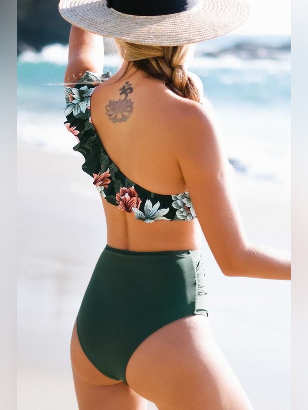 Cupshe Floral One-Shoulder Ruffle Bikini Set - Olive Green & Black Floral Size L - Picture 3 of 9